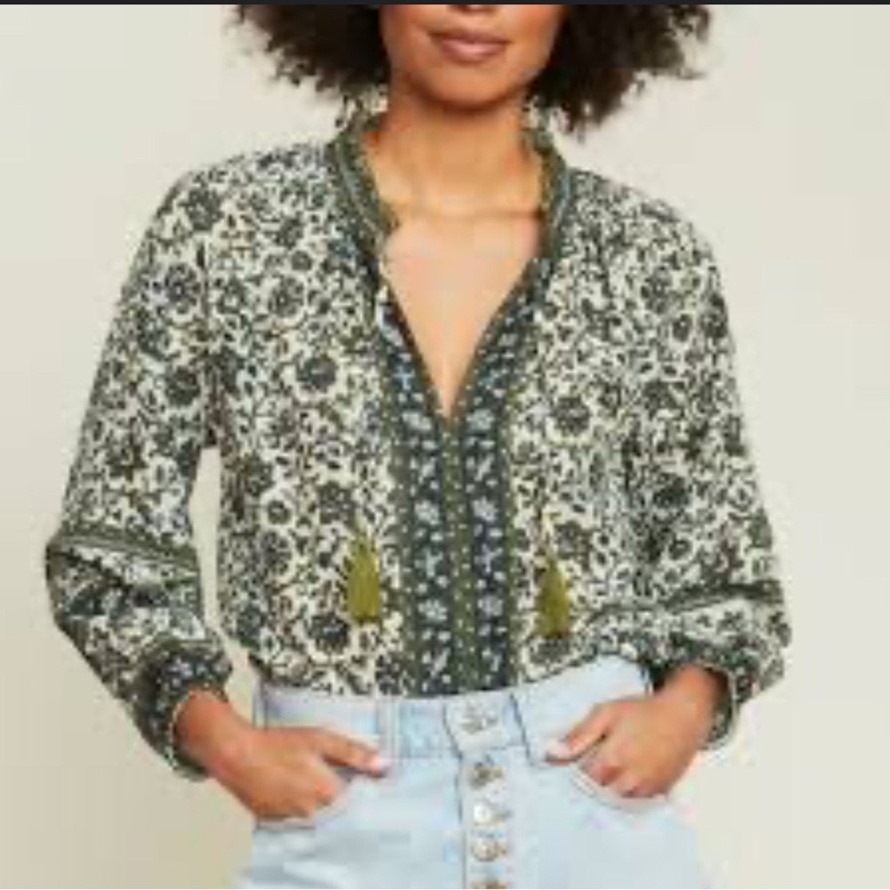 Veronica Beard Aeris Boho Tassel Top Blouse Green Floral Print